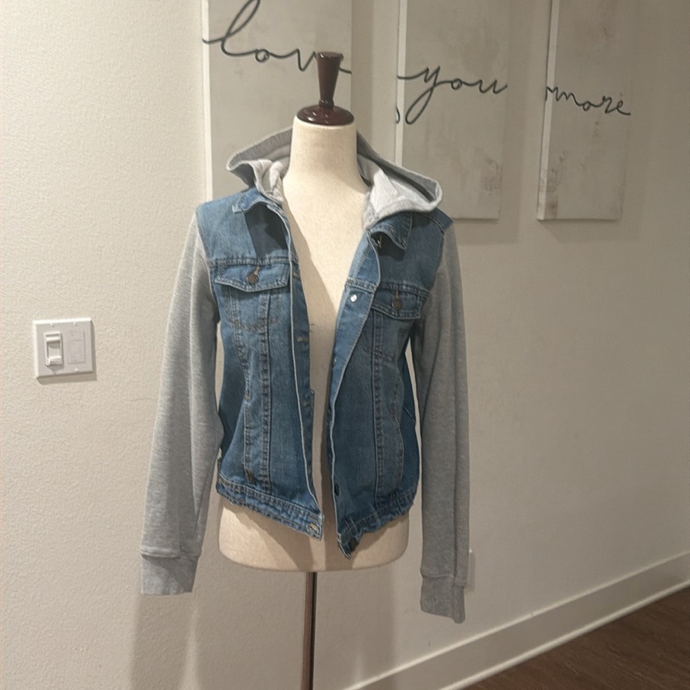 Blue Denim Jacket with Gray Hoodie Sleeves
